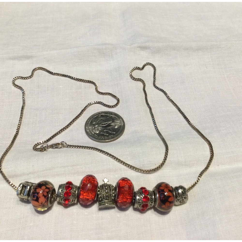 Pandora Like Red Necklace - Gold Tone Chain (C582)